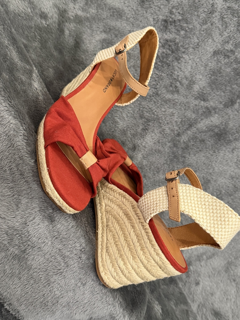 Lucky Brand Red Canvas Espadrille Wedge Sandals with Tan Straps